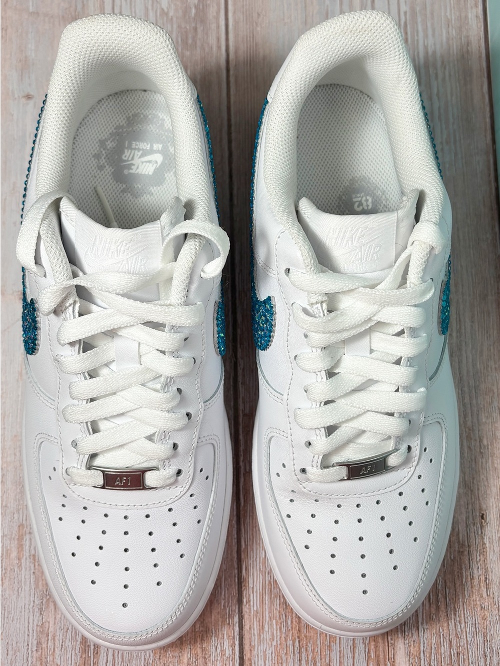 Nike Air Force 1 Custom Teal Rhinestone Sparkle Swoosh AF1 Shoes | Size 9 - Picture 5 of 9